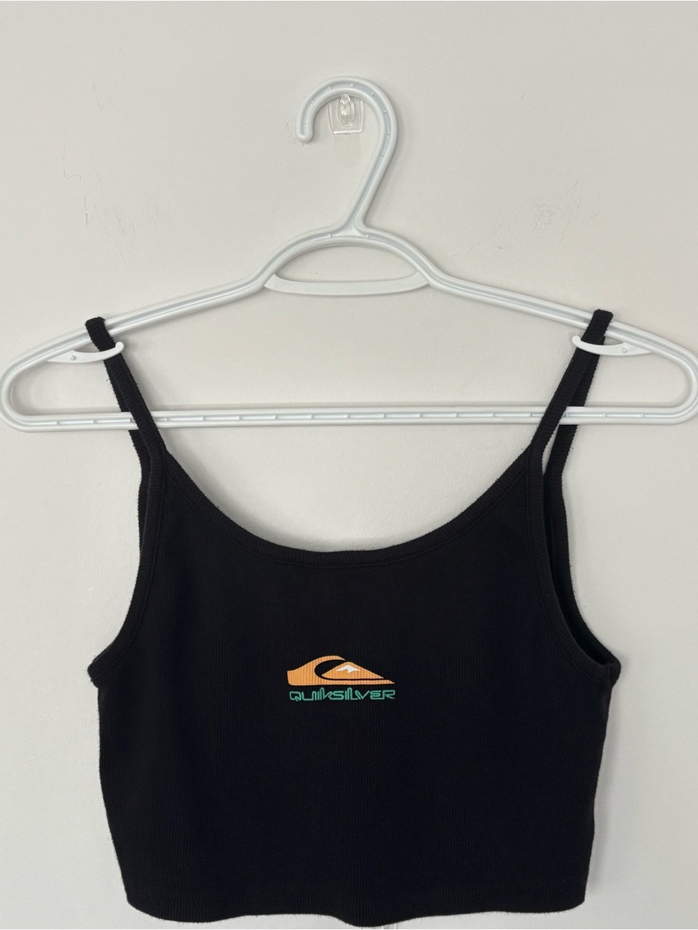 Quiksilver Black Ribbed Cropped Tank with Orange Logo